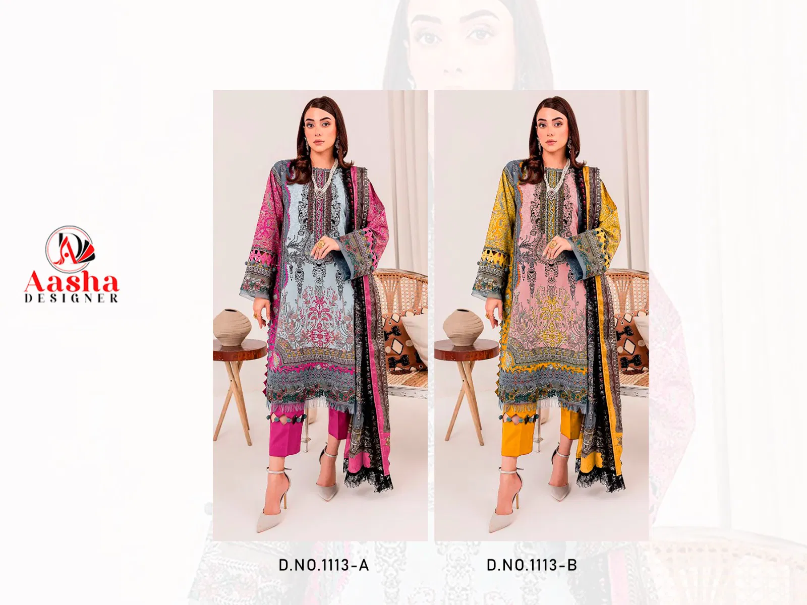 Aasha 1113 A And B Lawn Dupatta Pakistani Salwar Kameez 