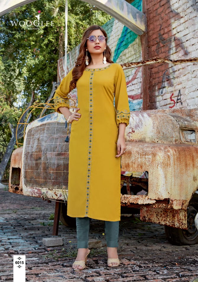 Wooglee Kesar Staright Fancy Festive Wear Heavy rayon Embroidery Work Kurti With Bottom Collection
