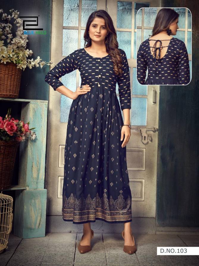 Blue Hills Show Off Fancy Latest Designers Festive Wear Long Rayon Printed Kurti Collection
