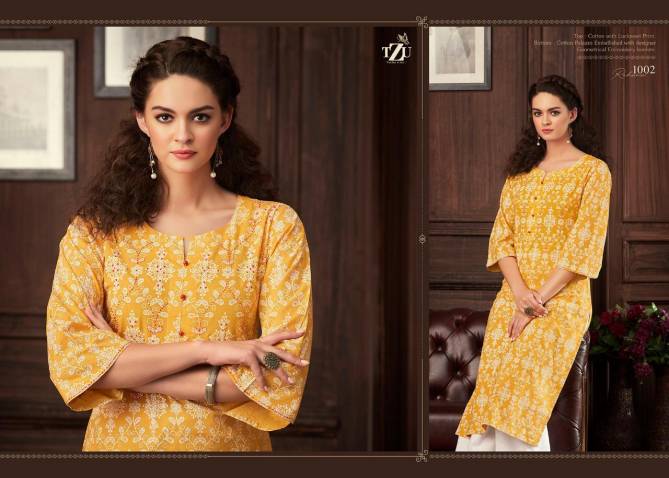 TZU REHANA Latest Casual Wear Lucknowi Print With Embroidery Work Pure Cotton Kurti With Palazzo Collection 