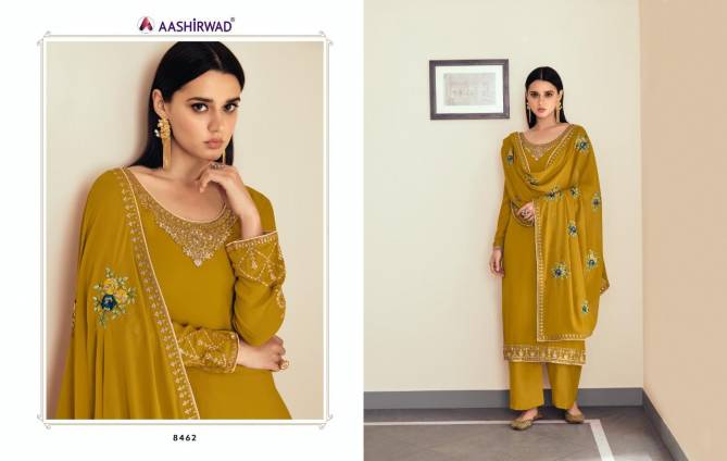 Aashirwad Sunheri 8458 Designer Festive Wear Real Georgette Embroidery Salwar Kameez Collection
