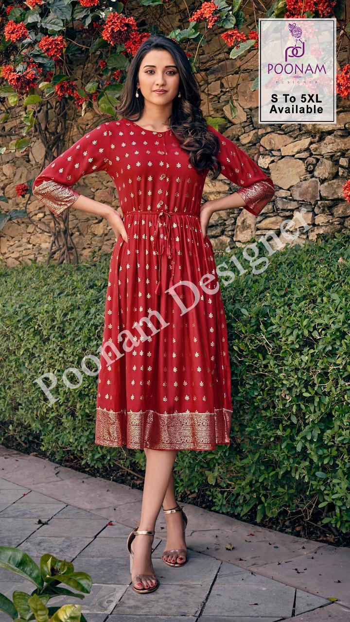 POONAM  DESIGNEE  FORUM Latest Fancy Designer Heavy Ethnic Wear Pure Rayon Foil Print Kurtis Collection