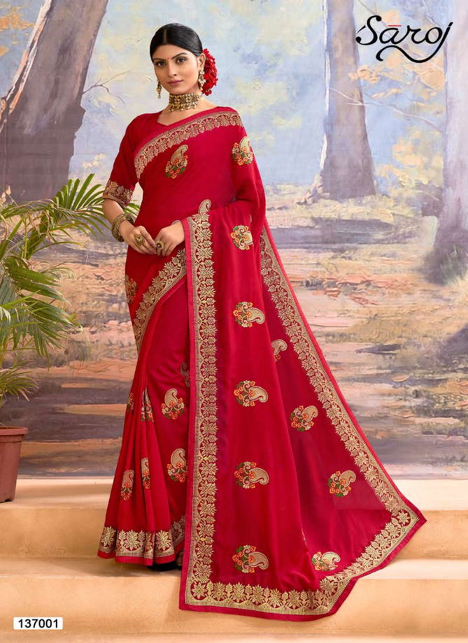 SAROJ KANGANA Fancy Festive Wear Heavy Designer Vichitra Silk With Embroidery Work On Border And Butta Saree Collection