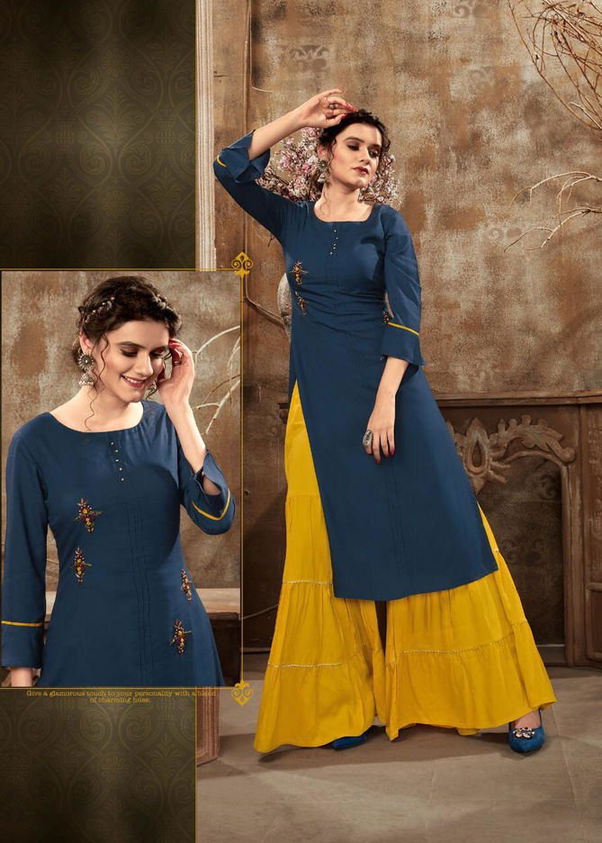 4Colours Zulfat Fancy Casual Wear Rayon Slub With Embroidery Work Kurti With Bottom Collection