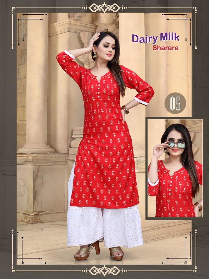 Aagya Dairy Milk Sharara 2 Latest Fancy Designer Casual Wear Rayon Kurti With Bottom Collection
