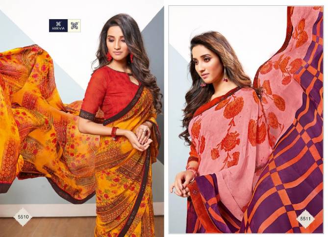 Hirva Sakhiya Latest Regular Wear Chiffon Printed With Full Lace Saree Collection Available Full Set At Wholesale Price 