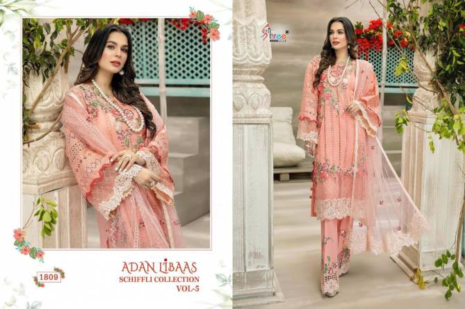 Shree Adan Libaas Schiffli Collection 5 Pure Low Cotton With Self Embroidery Work Pakistani Salwar Suits Collection
