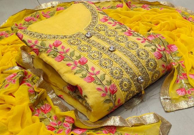 Chanderi Exclusive Designer Embroidered Dress Material With Najmin Embroidery Worked Four Sided Bordered Dupatta 