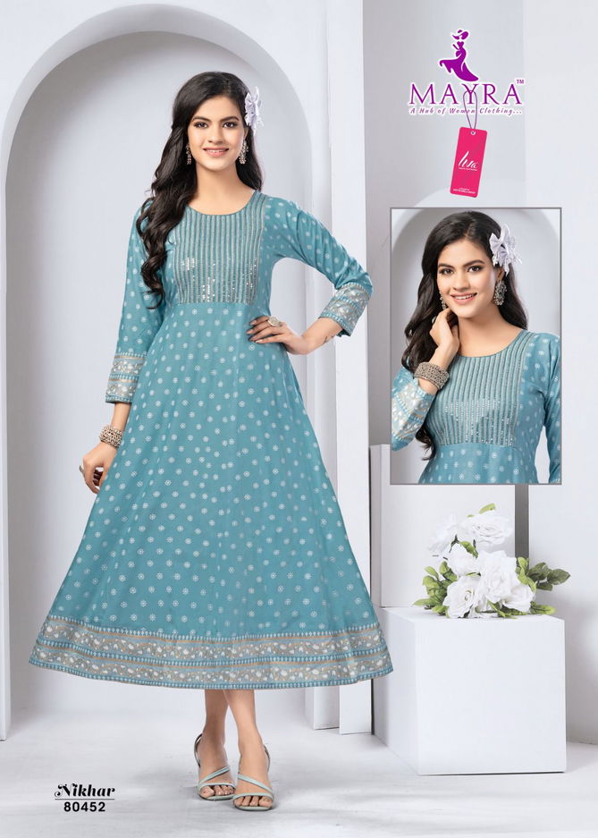 Mayra Nikhar Heavy Liva Designer Rayon Anarkali Kurti Catalog
