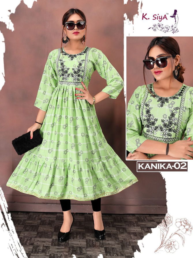 K Siya Kanika Fancy Ethnic Wear Rayon Printed Anarakli Kurti Collection