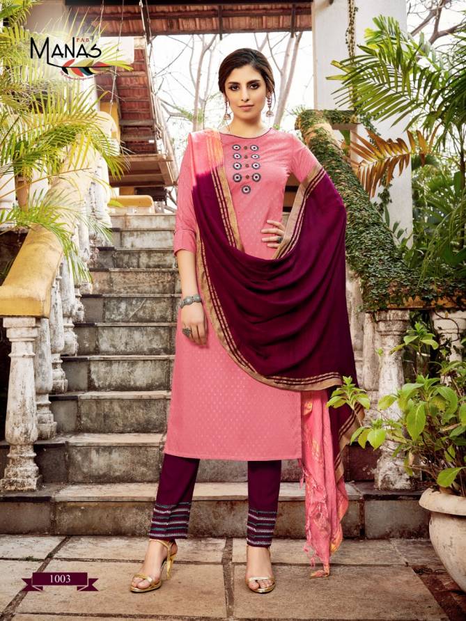 Manas Kaara Latest Casual Wear Rayon Fancy Dolby weaving with Embroidery work Readymade Collection
