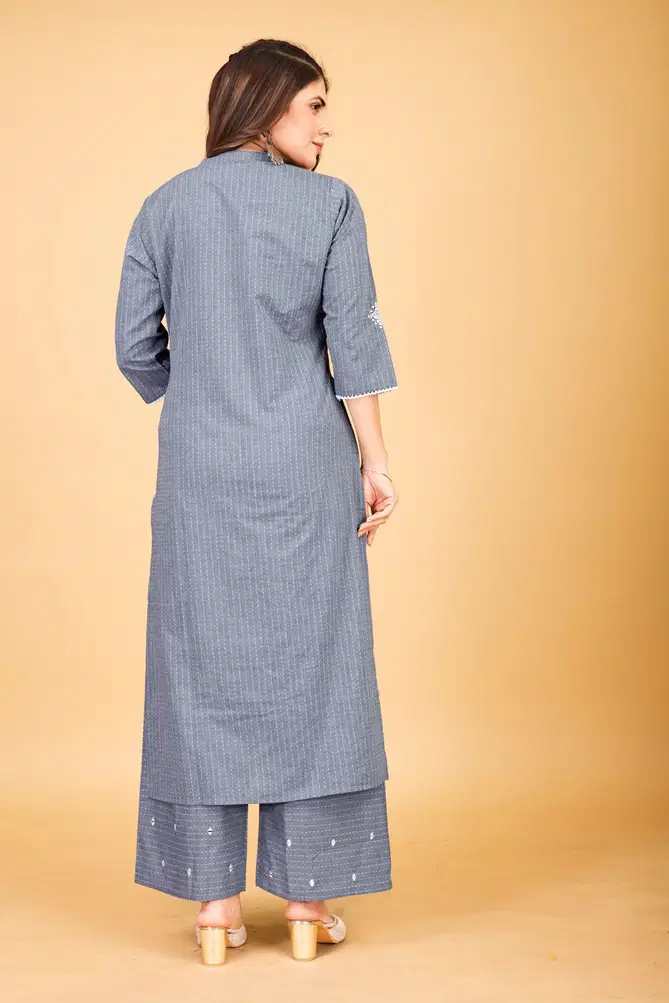 Gangotri By Seamore Mirror Work Denim Cottont Wear Women Kurta With Palazzo Orders In India