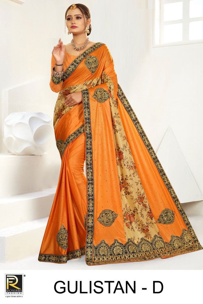 Ronisha Gulistan Latest Fancy Designer Festive Wear Embroidery Worked lycra Saree Collection
