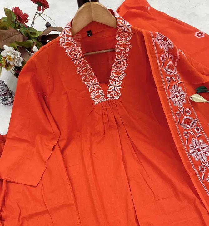 KF Kalaai Dark Orange Cotton Embroidery Kurti With Bottom Dupatta Orders In India