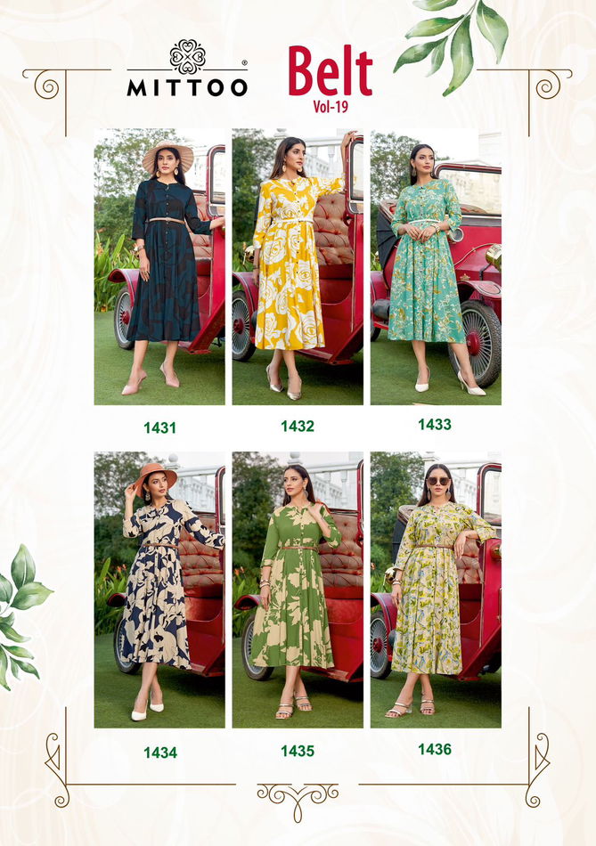 Belt Vol 19 By Mittoo Rayon Printed Party Wear Kurtis Exporters In Inida