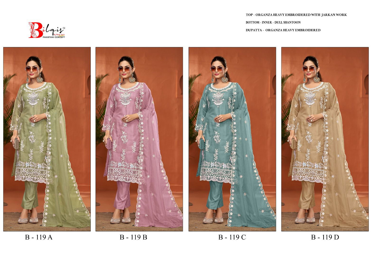 Bilqis B 119 A To D Organza Pakistani Suits Exporters In India