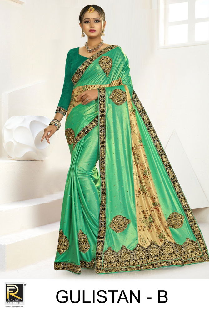 Ronisha Gulistan Latest Fancy Designer Festive Wear Embroidery Worked lycra Saree Collection
