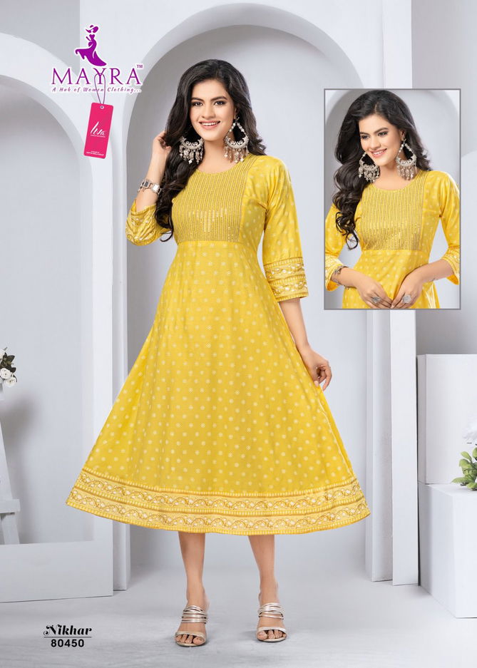 Mayra Nikhar Heavy Liva Designer Rayon Anarkali Kurti Catalog
