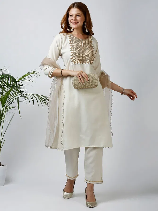 VT Designer Slub Cotton Embroidery Kurti With Bottom Dupatta Suppliers In India