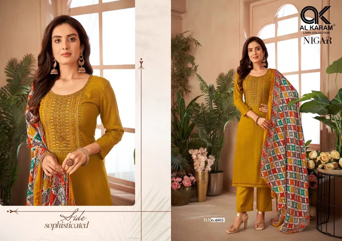 Al Karam Nigar Vol 4 Rayon Slub Embroidered Dress Material Orders In India