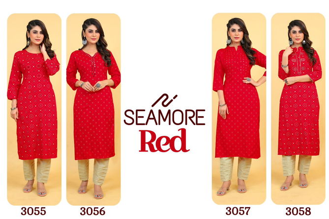 Red By Seamore Rayon Mirror Work With Printed Wear Kurtis Exporters In India