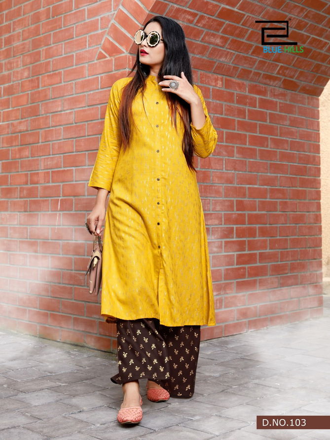 Blue Hills Style In Vol 3 New Golden Designer Printed Pure Rayon Kurtis Collection With Plazzo