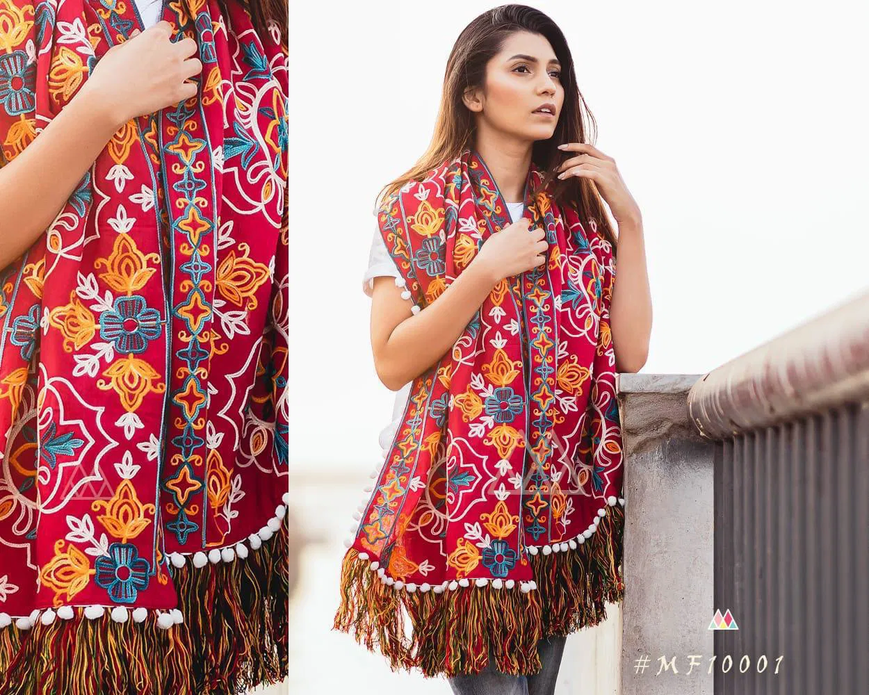 Mesmora Latest Winter Collection of 100% Embroidered Mufflers Decorated With Long Woollen Laces And Pompom Laces