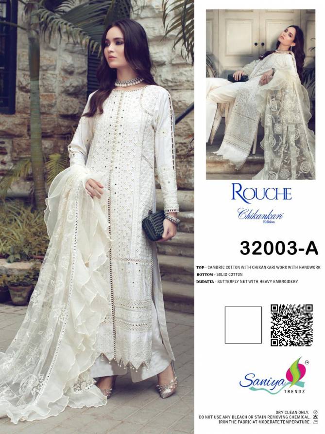 Saniya Rouche 32003 Series Designer Festive Wear Cambric Cotton Chikankari And Hand Work Top With Net Dupatta Pakistani Salwar Suits Collection
