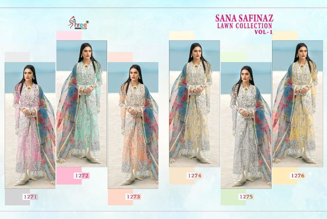 Shree Fab Sana Safinaz Lawn Collection Vol 1 Latest Heavy Designed Pakistani Salwar Suit Collection Butterfly Net With Heavy Embroidery Work And Chiffon Printed Dupatta