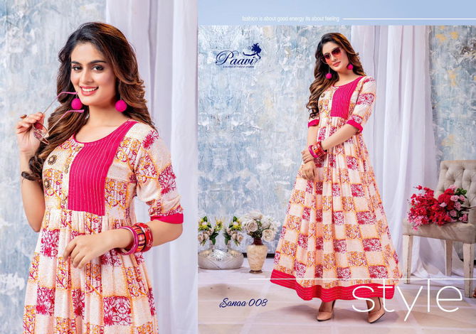 Paavi Sanaa Exclusive Stylish Designer Rayon Casual Wear Long Kurtis Collection 