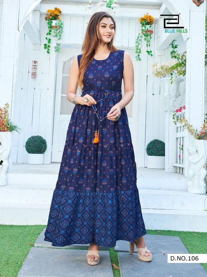 Blue Hills Sun Shine Latest Fancy Ethnic Wear Rayon Printed Flair Long Kurtis Collection
