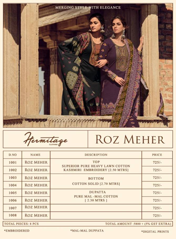 Hermitage Roz Meher Fancy Designer Festive Wear Cotton Latest Dress Material Collection