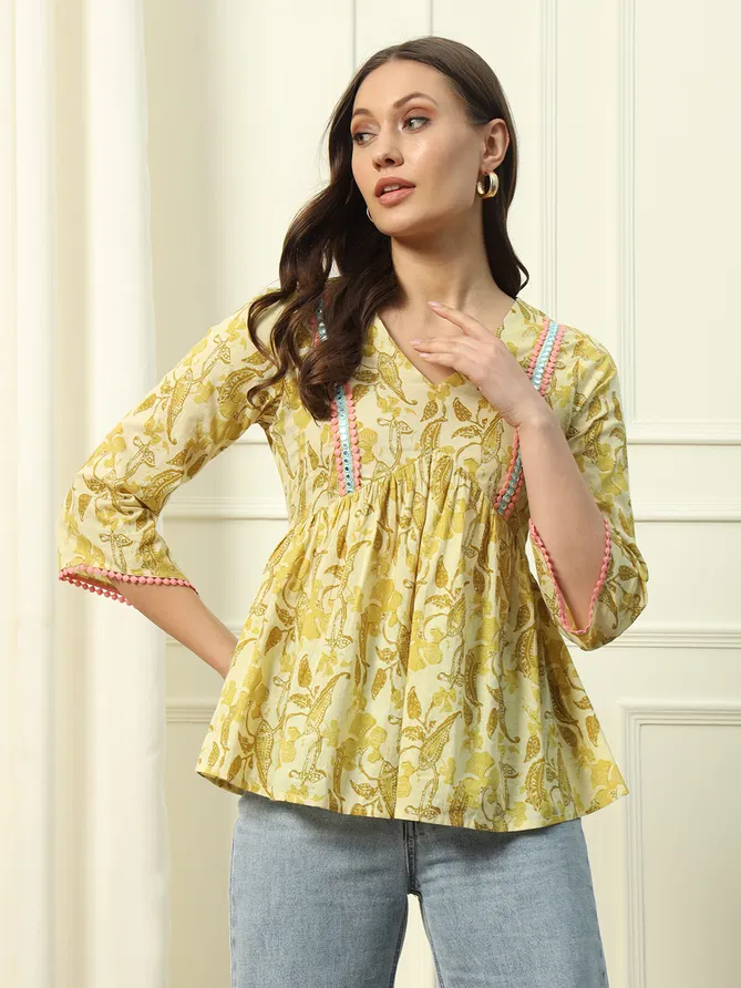 Fiorra TOP003 Yellow Printed Cotton Western Top Suppliers In India