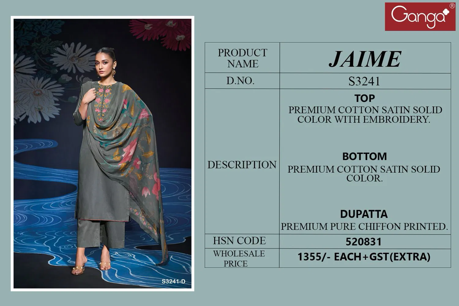 Jaime 3241 by Ganga Cotton Satin Salwar Suit Wholesale Price In Surat