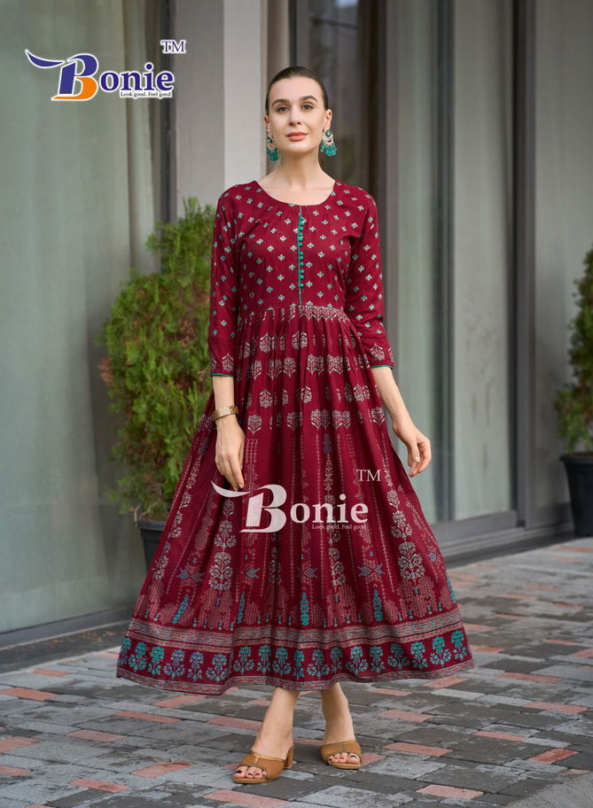 Aanchal 4 By Bonie Rayon Printed Anarkali Designer Long Kurtis Wholesalers In India