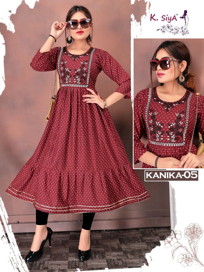 K Siya Kanika Fancy Ethnic Wear Rayon Printed Anarakli Kurti Collection