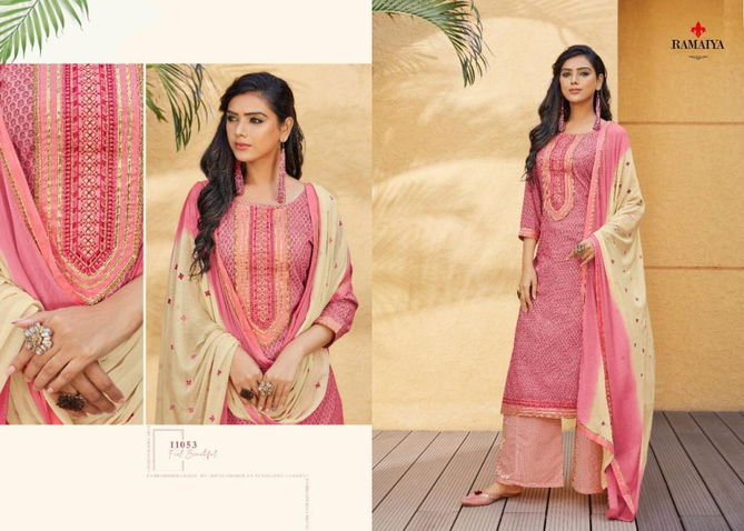 Ramaiya Rose Gold Latest Fancy Ethnic wear Cotton Print With Neck Work Top With Four Side less Dupatta Designer Dress Material Collection
