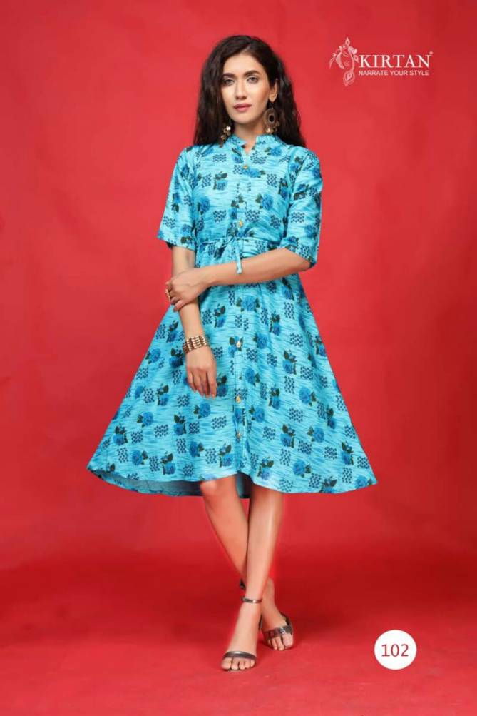 Kirtan Kanika Fancy Designer Casual Wear Rayon Printed Anarkali Kurtis Collection
