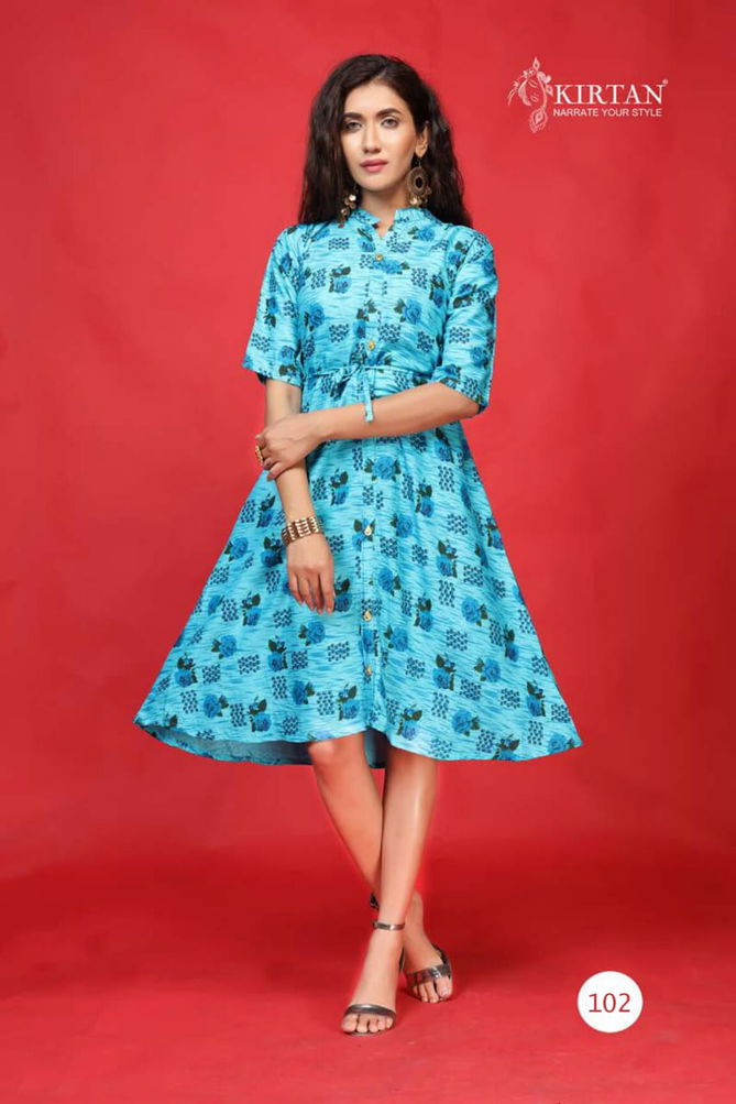 Kirtan Kanika Fancy Designer Casual Wear Rayon Printed Anarkali Kurtis Collection
