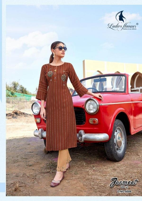 Ladies Flavour Jasmeet 2 Latest Fancy Ethnic Wear Designer Rayon Stripe Kurti With Bottom Collection
