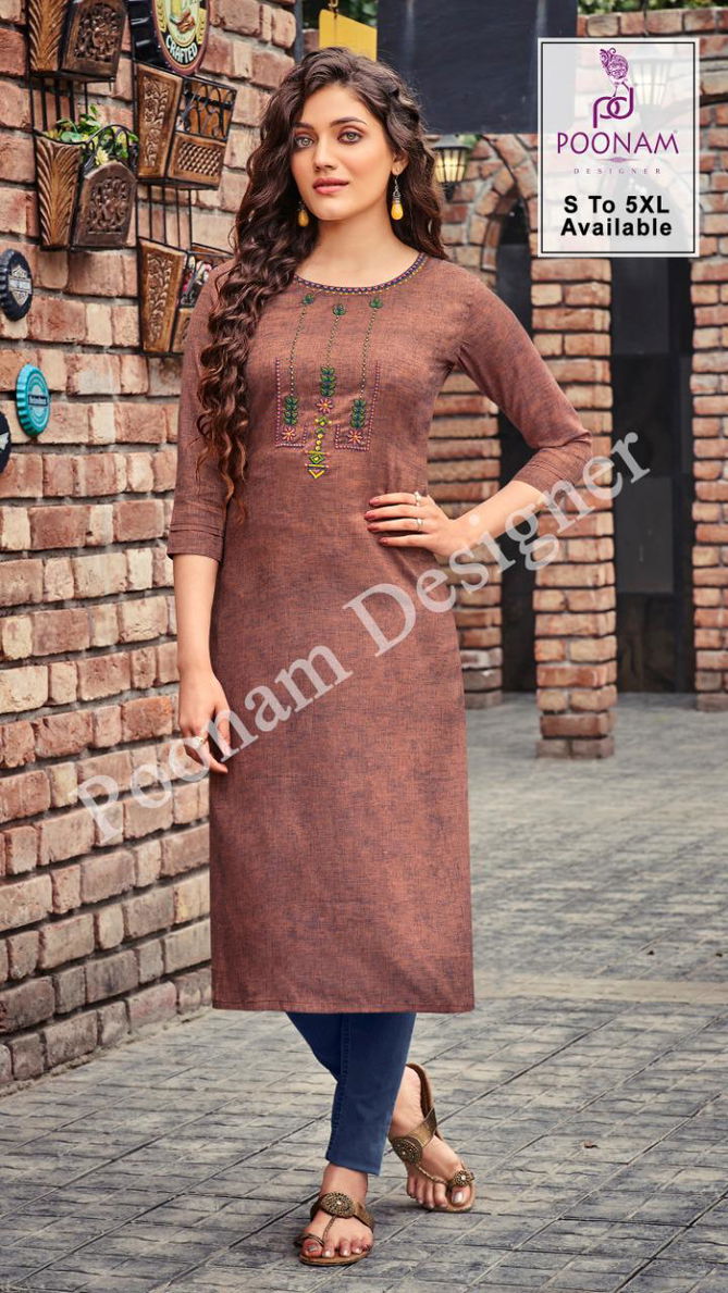 Poonam Riva 5 Premium Fancy Casual Wear Cotton Embroidery Work Designer Kurtis Collection
