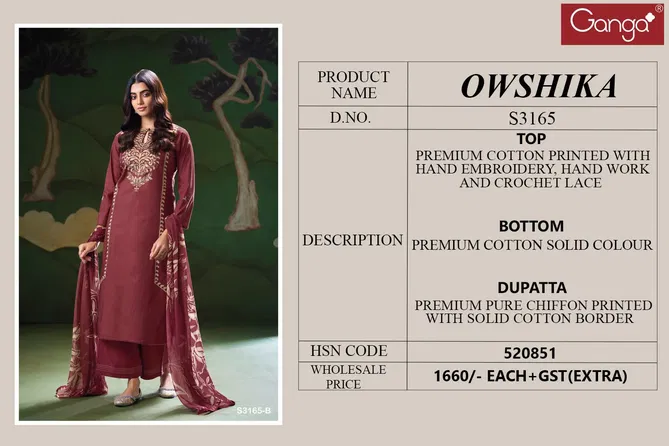 Owshika 3165 By Ganga Cotton Printed Dress Material Wholesalers In Delhi