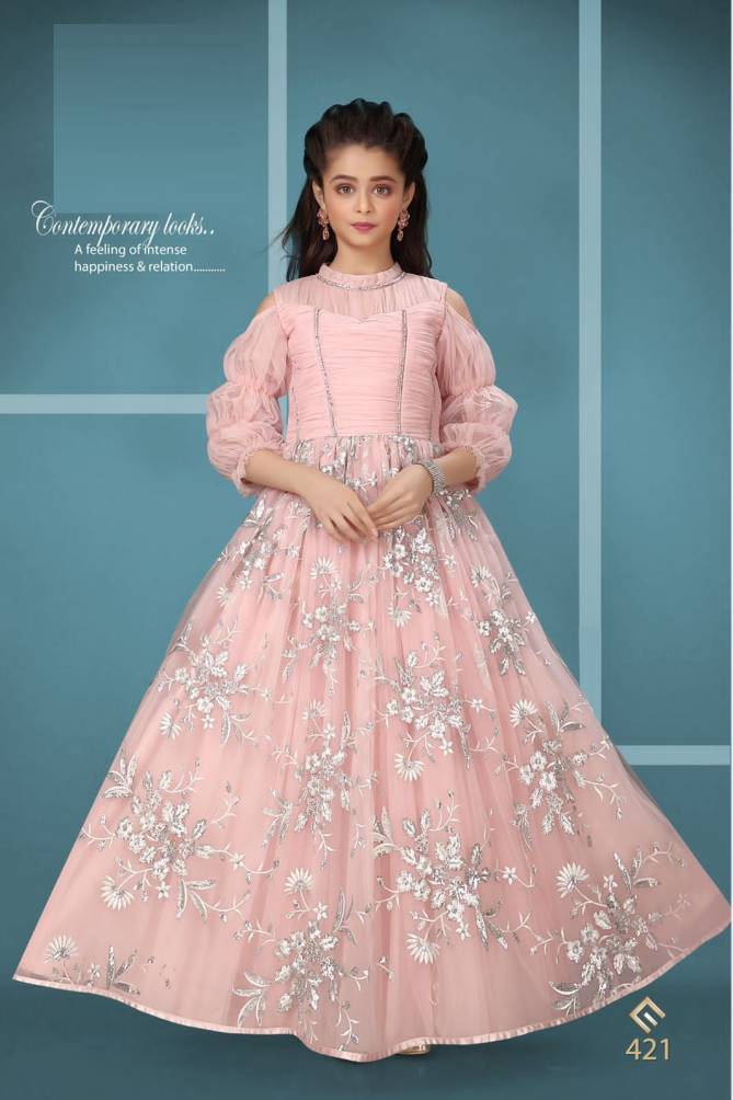 Pink Flower 421 New Designer Party Wear Wholesale Kids Gown Collection