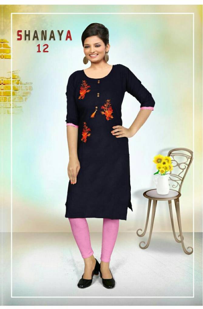 Trendy Shanaya Latest Designer Daily Wear Rayon Embroidery Work Kurtis Collection
