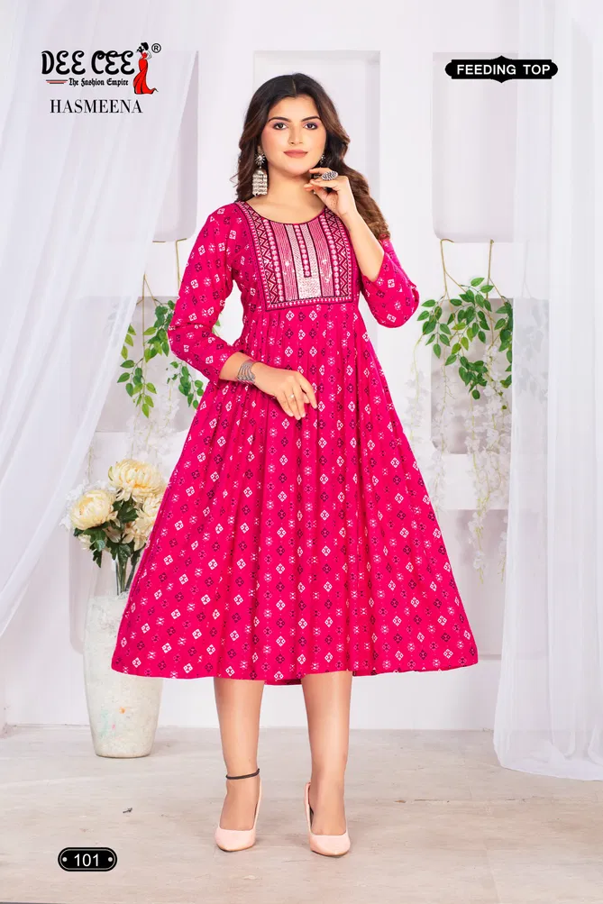 Hasmeena By Deecee Rayon Printed Feeding Kurtis Wholesale Online