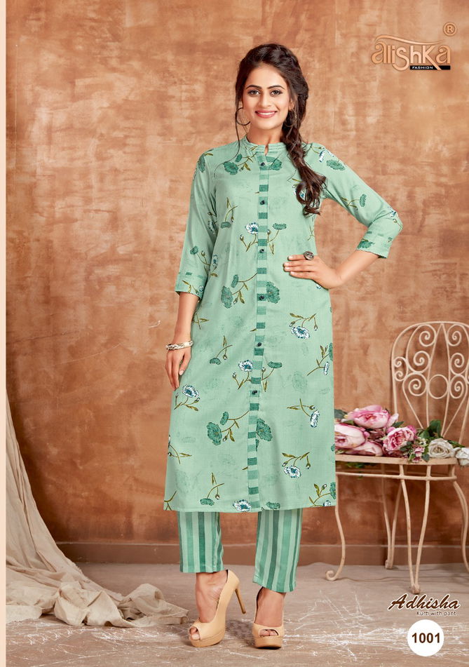 Alishka Adhisha Latest Fancy Designer Rayon With Foil Print Kurti With Bottom Collection
