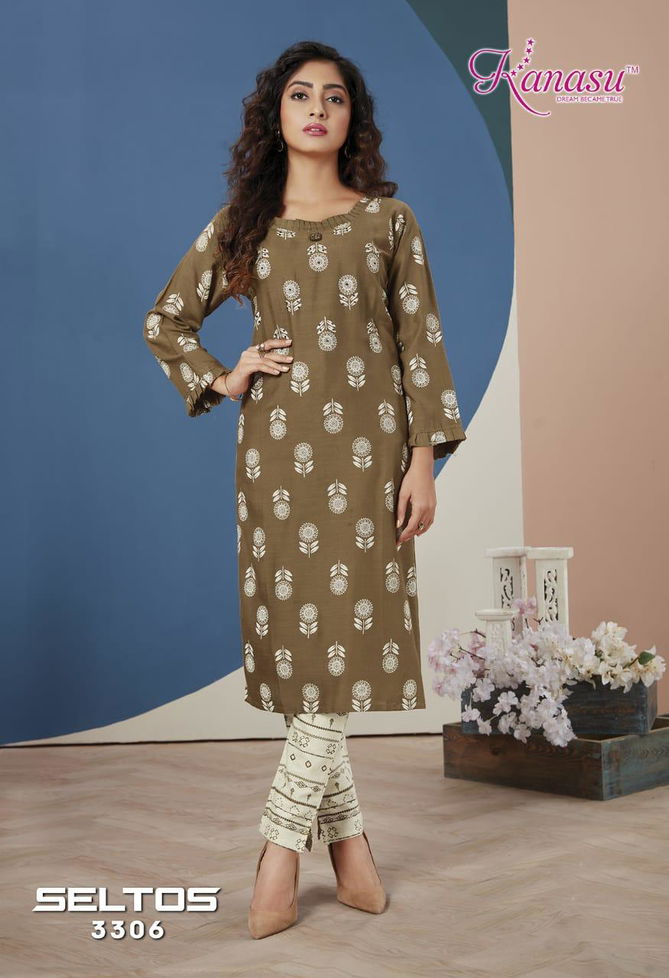 Kanasu Seltos fancy Designer Heavy Latest Ethnic Wear Rayon Slub Flex print Pent Kurtis With Bottom Collection
