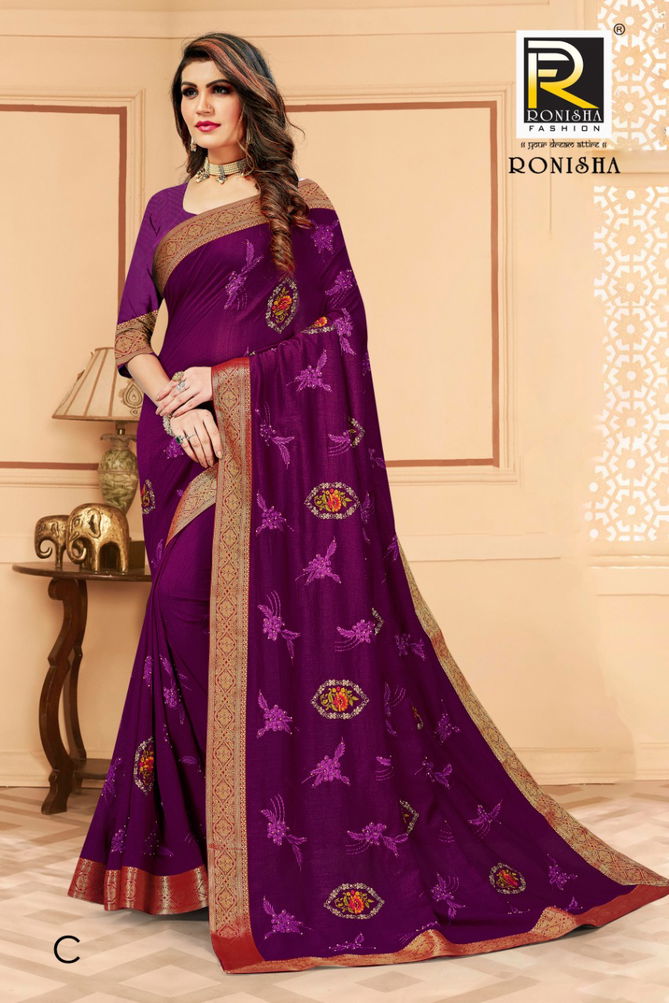 Ronisha Media Latest Fancy Designer Festive Wear Vichitra Silk Embroidery Worked Designer Saree Collection
