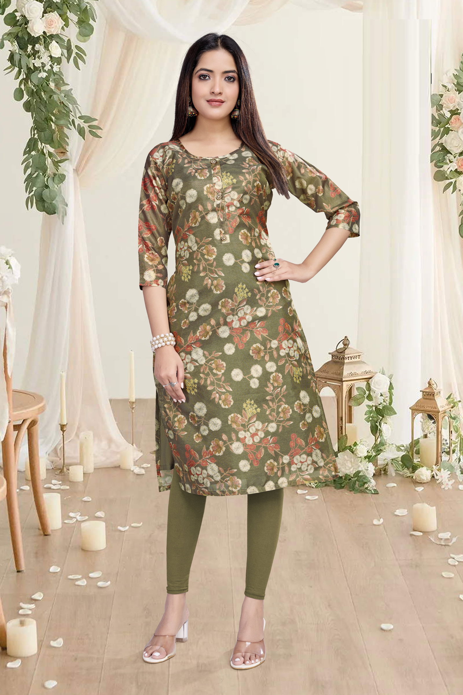 Shelly A line Printed Premuim Tissue Simmer Kurti Suppliers In India