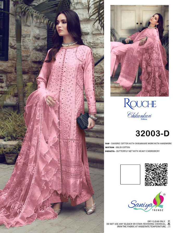 Saniya Rouche 32003 Series Designer Festive Wear Cambric Cotton Chikankari And Hand Work Top With Net Dupatta Pakistani Salwar Suits Collection
